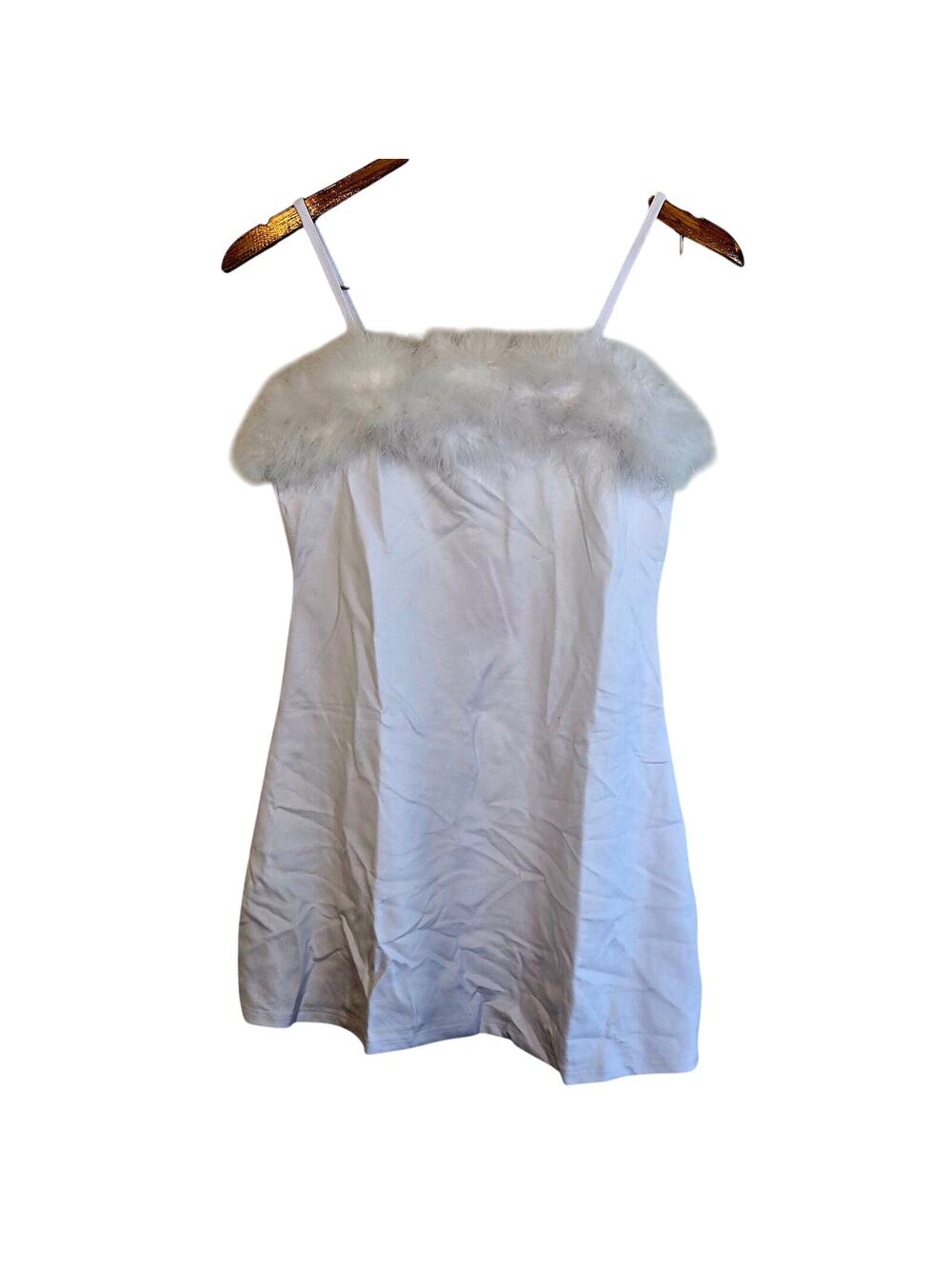 Size L – Sugar Thrills White Marabou Trim Strappy Mini Dress (NWT)